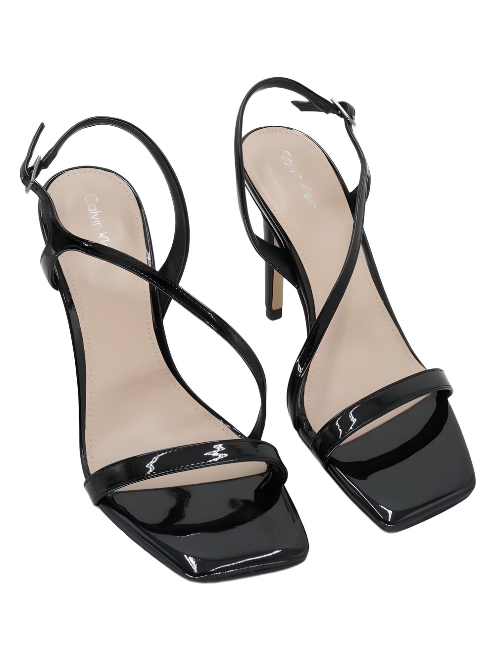 Calvin Klein Black Patent Strappy Square Toe 4 Stiletto Heel Sandals Size 7.5M